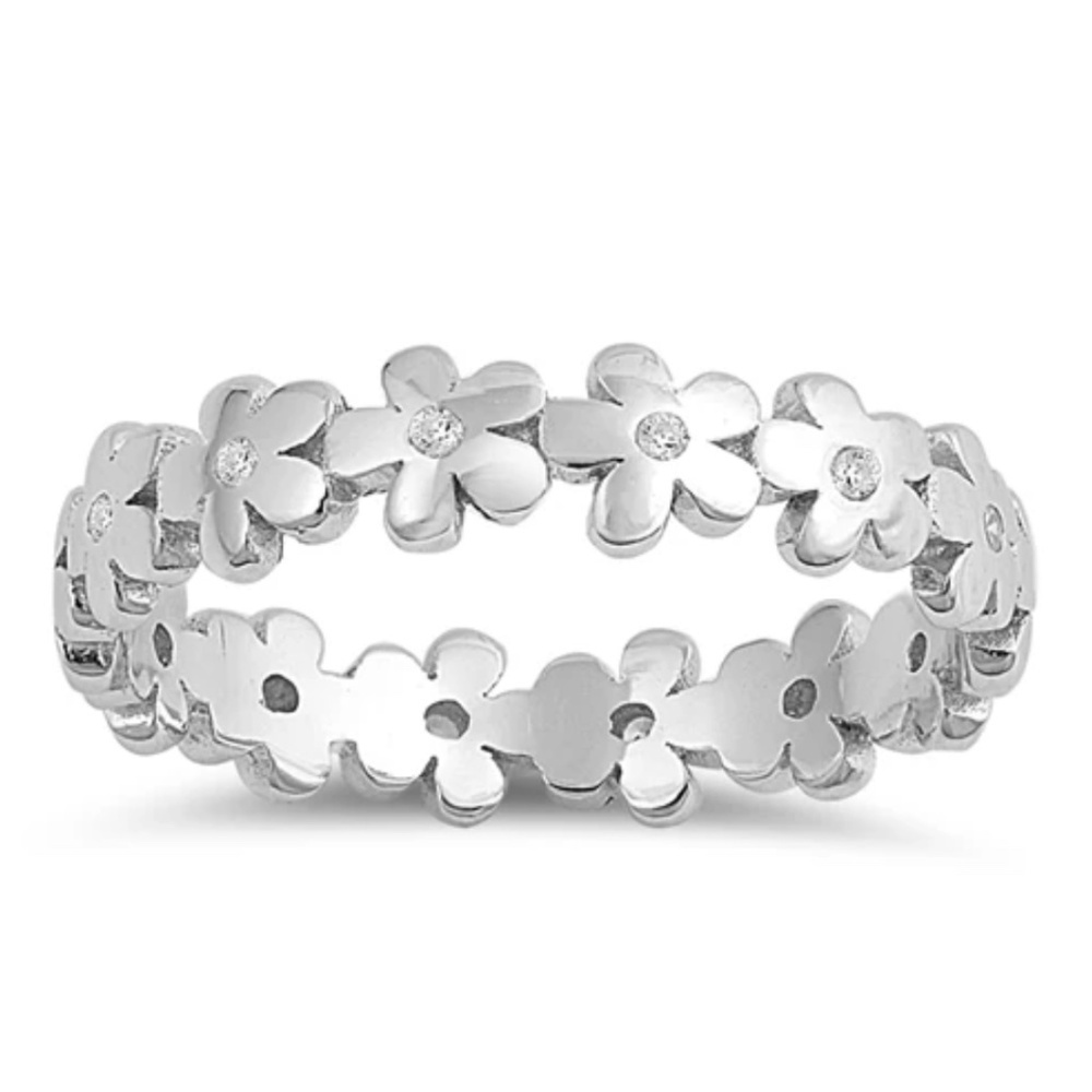 Sterling Silver Flower Band with CZ – Size 8